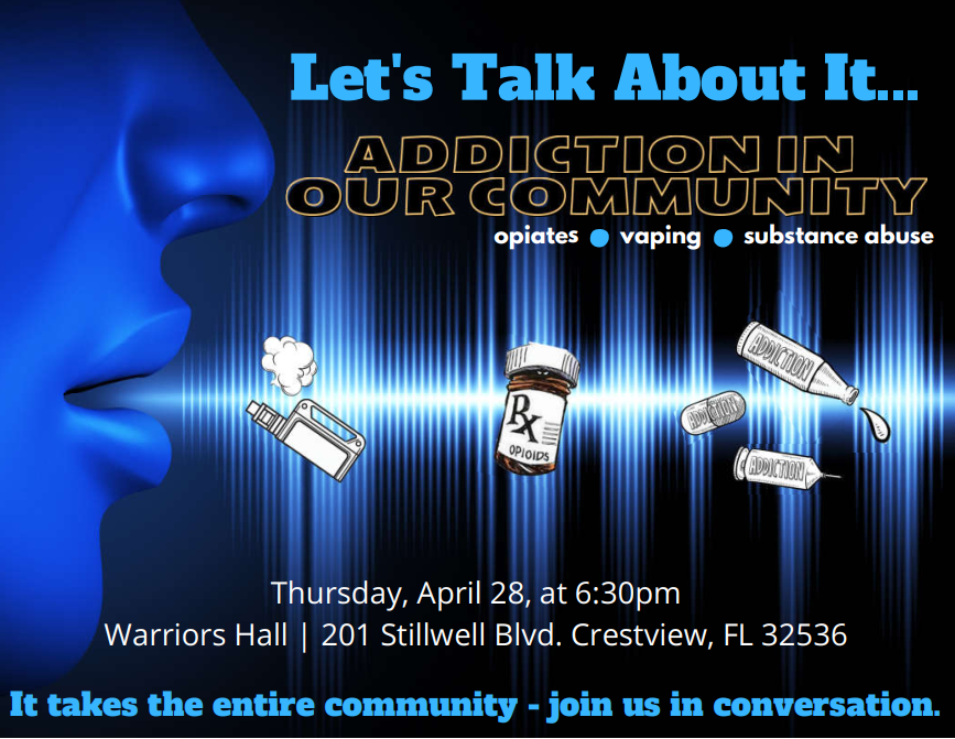 OkaloosaSWAT's tweet photo. PLEASE SHARE: Join us next THURSDAY, APRIL 28th at 6:30PM for this FREE event. “Let’s come together to find solutions as a community; it takes standing together to make a change.” -Donna Morgan, One Hopeful Place and Anti-Drug Coalition. https://t.co/lVKLummpPA