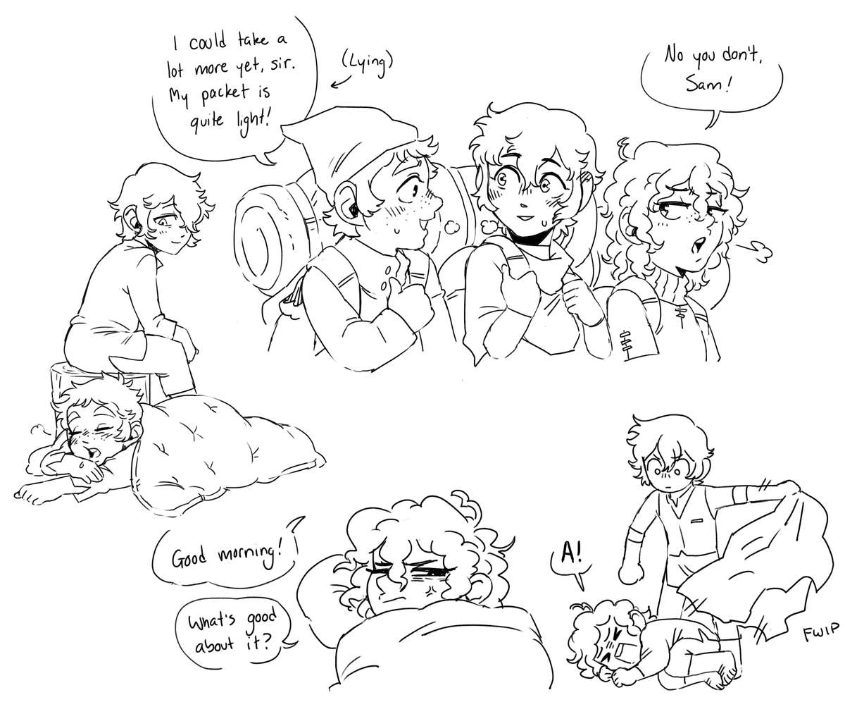 chapter 3 sketches, im just collecting all the sam/frodo moments...2 days into their journey and sam is falling asleep at frodo's feet cos he doesn't want to leave his side and frodo is referring to him as "my faithful sam" like HELLO? GAY?
also book pippin is so funny i love him 