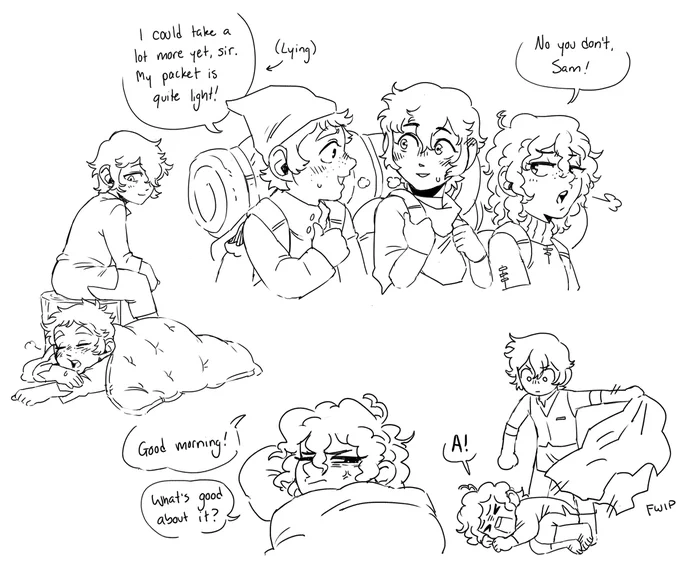 chapter 3 sketches, im just collecting all the sam/frodo moments...2 days into their journey and sam is falling asleep at frodo's feet cos he doesn't want to leave his side and frodo is referring to him as "my faithful sam" like HELLO? GAY?
also book pippin is so funny i love him 