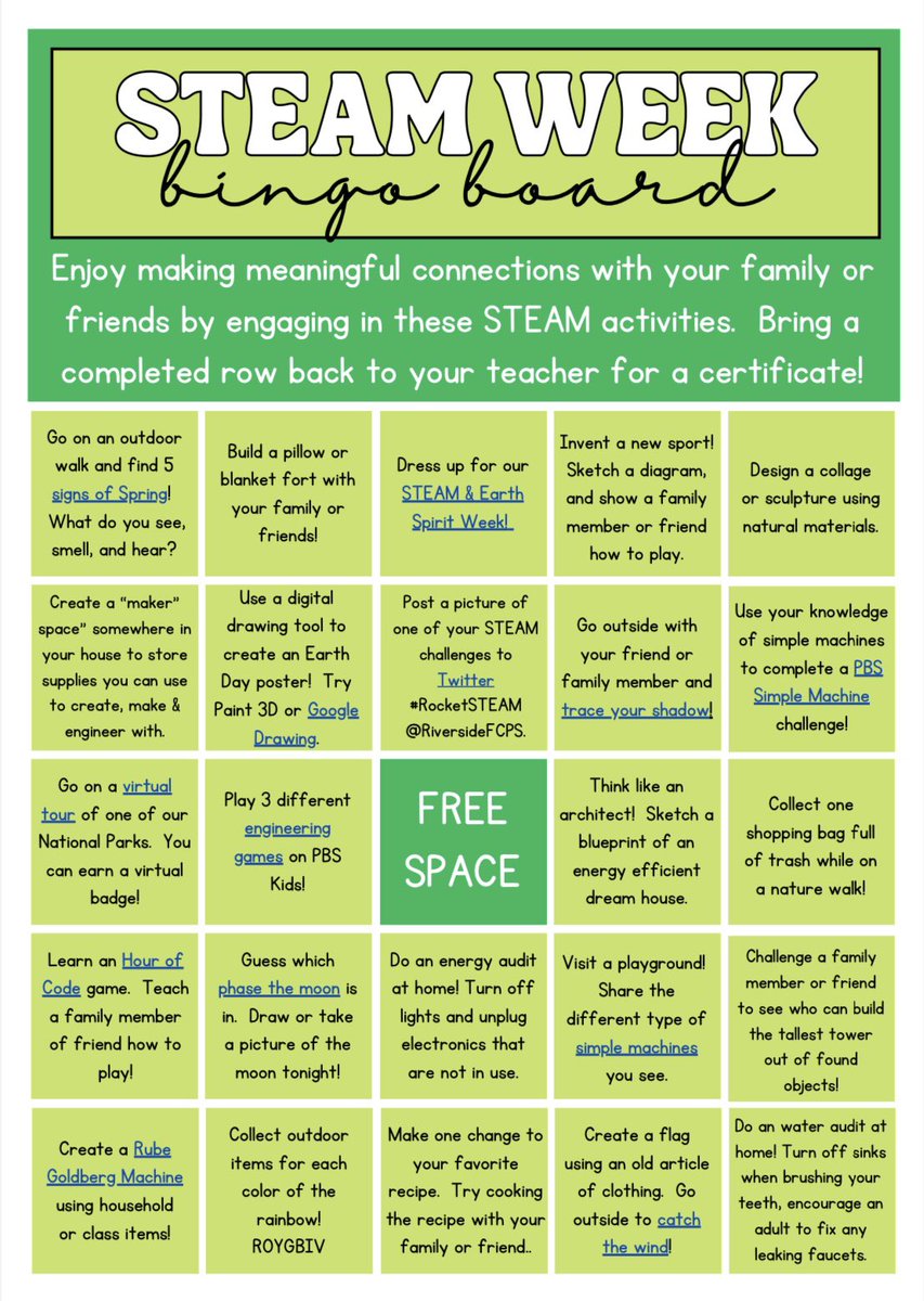 msmichelleland's tweet photo. Happy STEAM &amp; Earth Week! Enjoy meaningful STEAM &amp; Earth Week inspired activities with your family or friends @RiversideFCPS. Bring a completed row of bingo to your home room teacher or Ms. Land for a certificate. 😁 @FCPSSTEAM #RocketSTEAM https://t.co/0a63Np22Kb