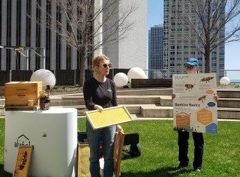 Fun "Meet our Bees" event with Dana from the Alveole . <a href="/alveolebuzz/">Alvéole</a> <a href="/onetwopru/">One Two Pru</a> Alvéole is a Canadian company that helps organizations meet their engagement and sustainability goals by bringing bees to their building. I was glad to help out – by holding the sign on a windy day!