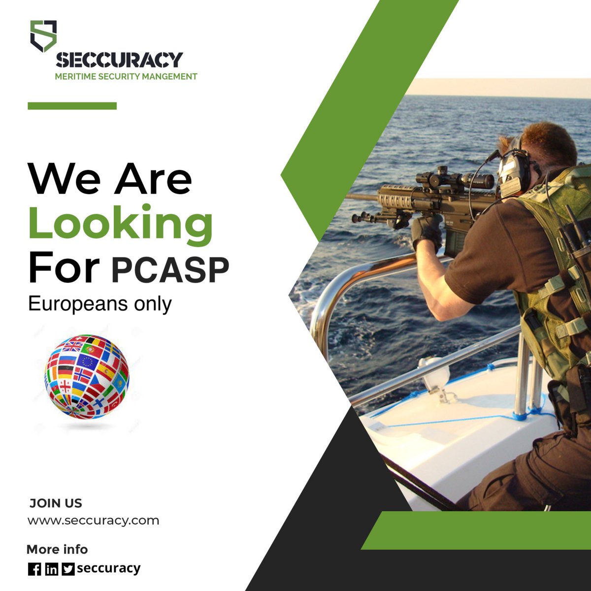 seccuracy's tweet image. Seccuracy is looking for PCASP/MSO (Maritime Security Officers) for one of its clients. This position is open only for European PCASP/MSO as per the clients request. 
Interested PCASP/MSO please send an email at hr@seccuracy.com and we will get back to you.