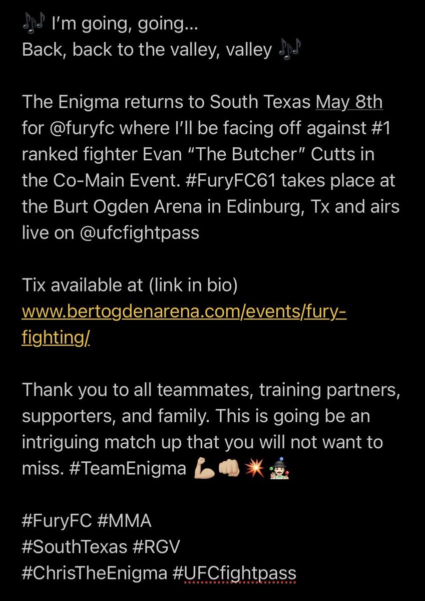 ChrisPecero's tweet photo. 🎶 I’m going, going…
Back, back to the valley, valley 🎶
Tix available at (link in bio)
https://t.co/CgS0sUTT0C
Thank you to all teammates, training partners, supporters, and family. This is going be an intriguing match up that you will not want to miss. #TeamEnigma 💪🏼👊🏼💥🤹🏻♂️ https://t.co/mgpS84uCPS