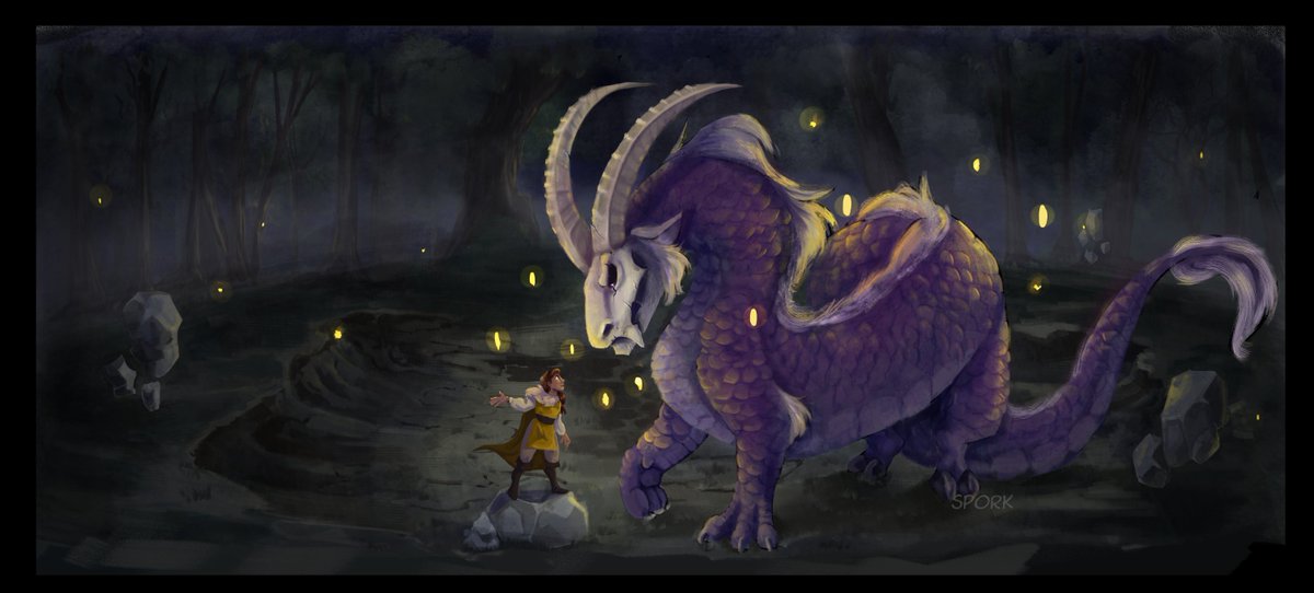 Spork_Art's tweet photo. polished up one of my concepts from my thesis film. Ultimately I decided to make the dragon more humanoid and bipedal for readability and time sake, but I thought it would be fun to go back and paint over a bit. https://t.co/S0hVum4yZc