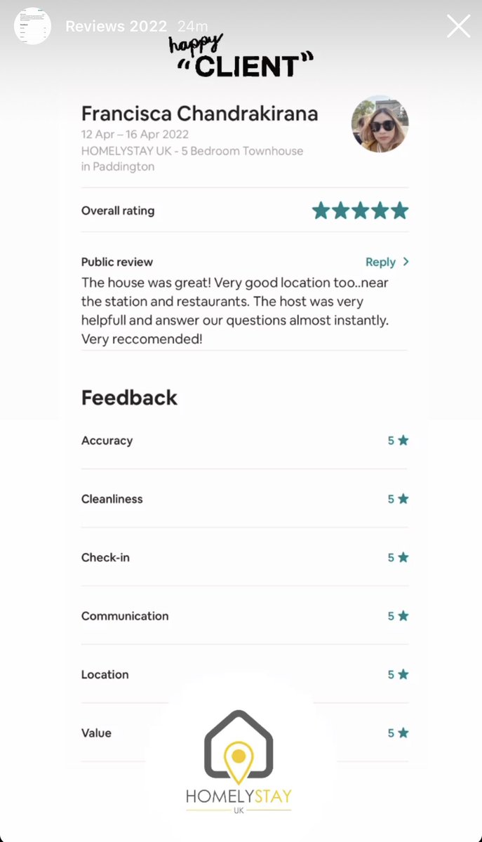 HomelyStay's tweet photo. Reviews from our Happy Guests. We look forward to host them again in the future time. Thank you for stayed with us. 🙏 https://t.co/JVStlBPODo