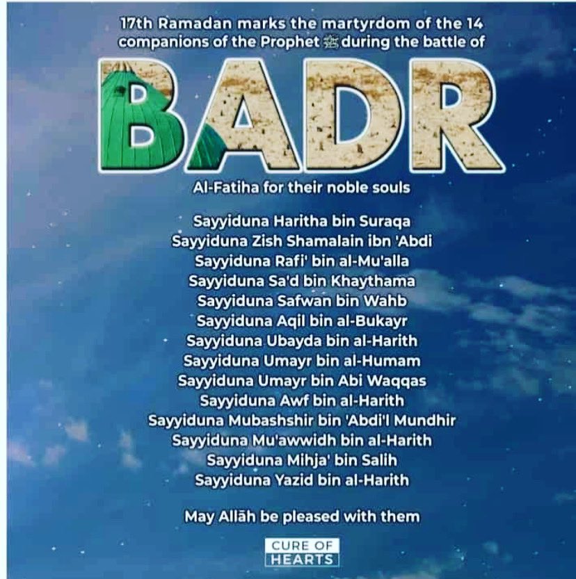 Remembering those who sacrificed their lives to give us Islam today. 
Alhumdullilah Shukr’Allah for Islam. 

What in Islam are you thankful for? 
For us it’s Dhikr, Salawat and our Shaykh. And more. 
#Badr313