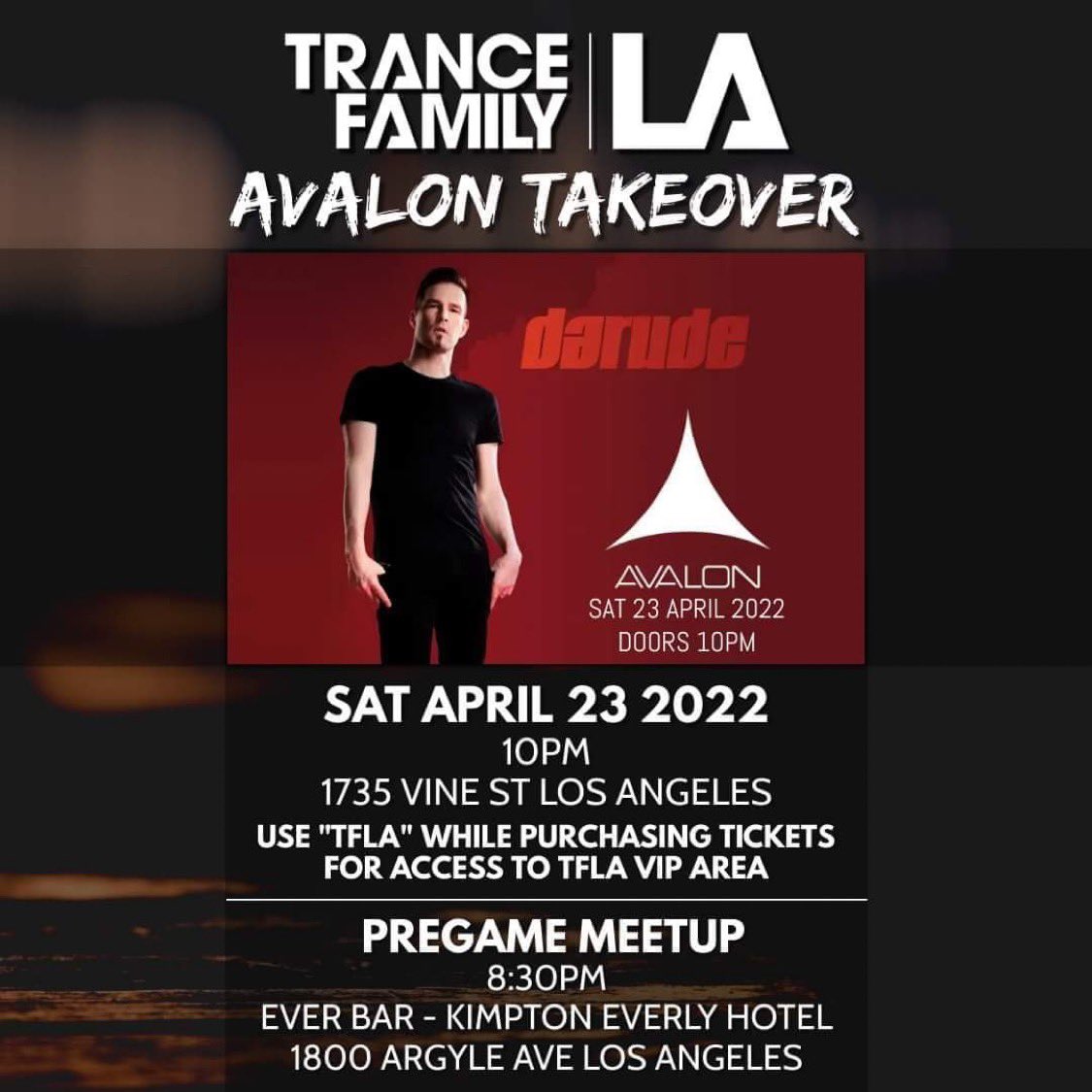 Tfla_official (@tfla_official) on Twitter photo Get ready to surrender this weekend with Darude alongside <a href="/MahfousRoman/">Mahfous Roman</a> at the historic @avalonhollywood. Come join our pre meetup at the @everbarla
Make sure to use the TFLA code when purchasing tickets to join us on stage. #trancefamilyla #avalonhollywood #darude Get ready to surrender this weekend with Darude alongside <a href="/MahfousRoman/">Mahfous Roman</a> at the historic @avalonhollywood. Come join our pre meetup at the @everbarla
Make sure to use the TFLA code when purchasing tickets to join us on stage. #trancefamilyla #avalonhollywood #darude