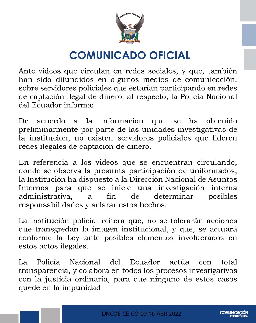 PoliciaEcuador's tweet image. 𝗖𝗢𝗠𝗨𝗡𝗜𝗖𝗔𝗗𝗢 𝗢𝗙𝗜𝗖𝗜𝗔𝗟 ||