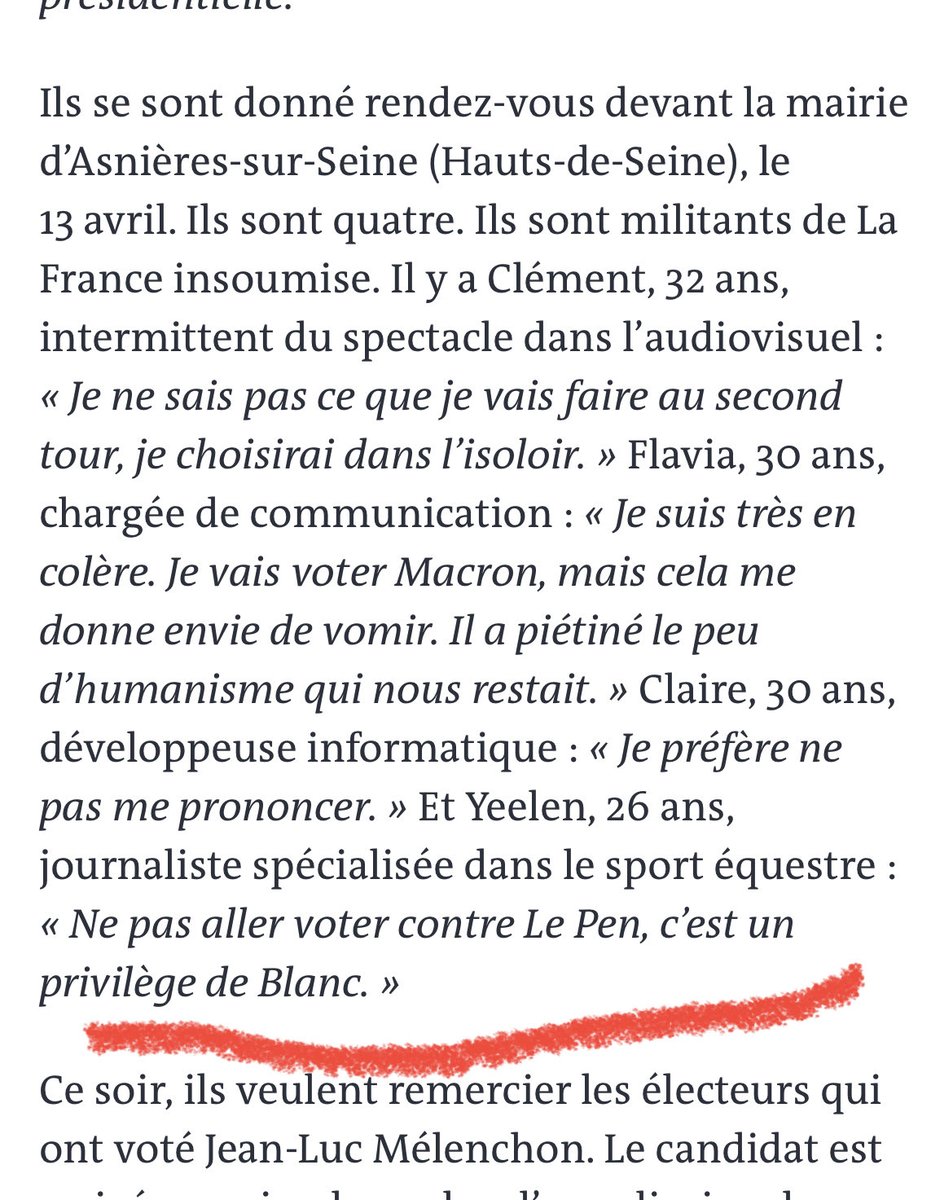 Young 🇫🇷 progressives struggle to vote for Macron to defeat Le Pen in #presidentielle2022. To convince them not to abstain, an interesting argument quoted today in ⁦<a href="/lemondefr/">Le Monde</a>⁩ : "Deciding not to vote against Le Pen is a form of white privilege".
