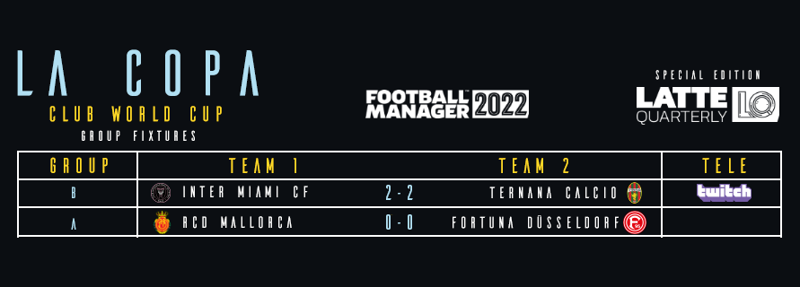 LaCopaLQ's tweet photo. Update from La Copa: Club World Cup 🏆

Goals/points aplenty as Ternana Calcio (managed by @youthintake) get pulled back by @FM_Grasshopper's Miami. 3 points each.

@fmadventurebot's Mallorca and @fm_athlete's Düsseldorf take home a point with a gutsy 0-0. https://t.co/bWmhs8OaST