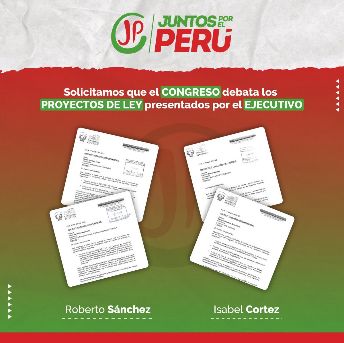 Nuestros congresistas <a href="/RobertoSanchP/">Roberto Sánchez Palomino</a> y <a href="/chabelitacongre/">Isabel Cortez</a> exigen al Congreso que se debatan los proyectos de ley presentados por el Ejecutivo en beneficio de todos los peruanos. Es hora de ponernos a trabajar y así detener el descrédito en el que la institución se ha visto envuelta
