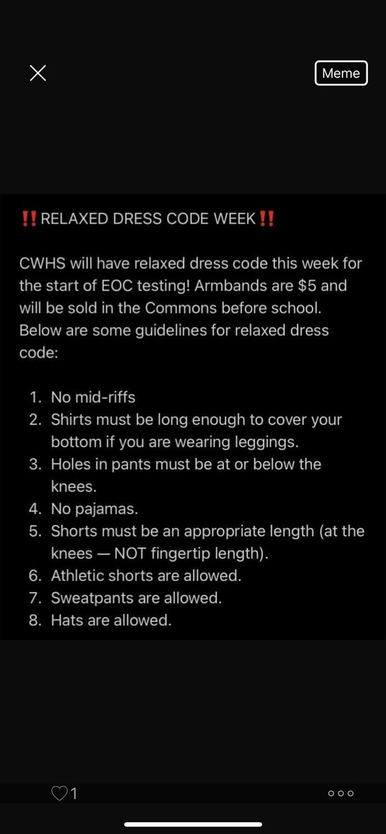 Happy Monday! To ease our way back into school after this wonderful 4-day weekend, we will have relax dress code! Arm bands are the normal $5 and will be sold in the commons in the morning!