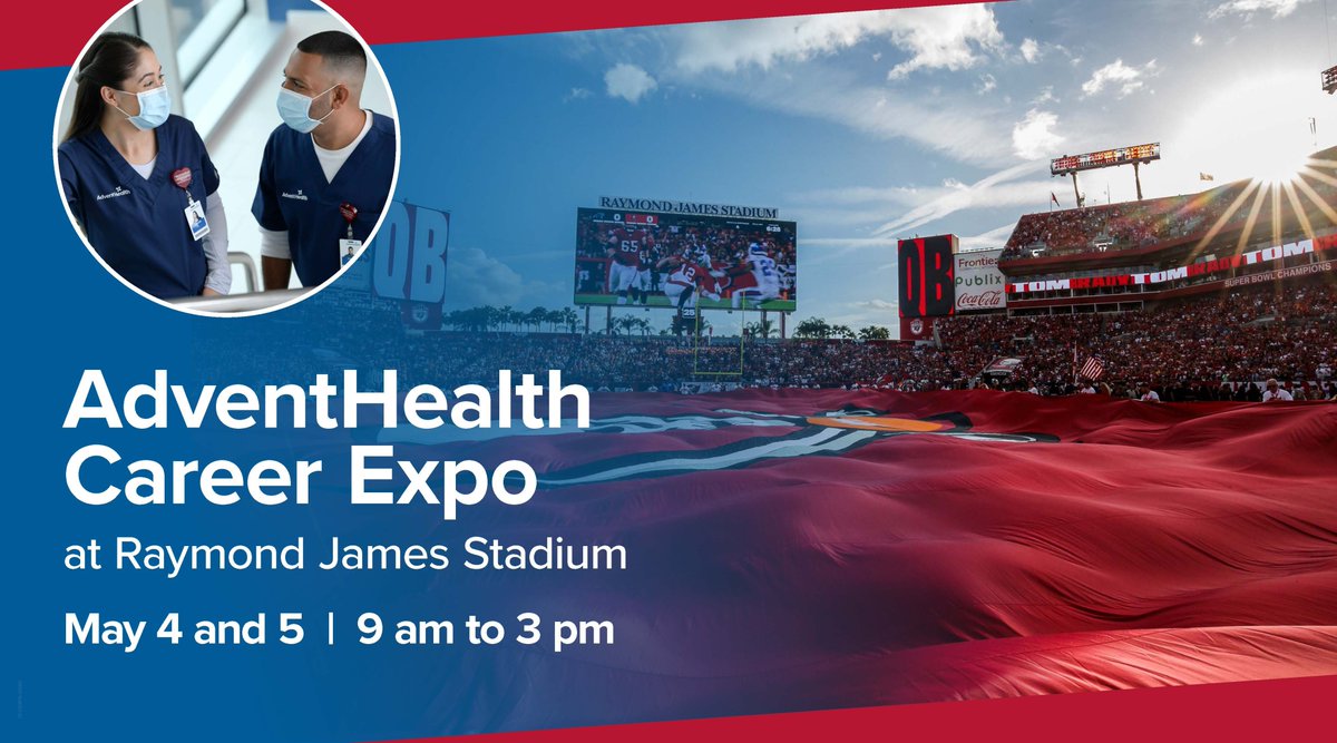 AdventHealth invites you to join us for the West Florida Career Expo at Raymond James Stadium on May 4th and May 5th at 9 AM - 3PM! We will be hiring for all roles. Click the link to learn more! link.adventhealth.com/tp/rj6_Xl2kf.e…