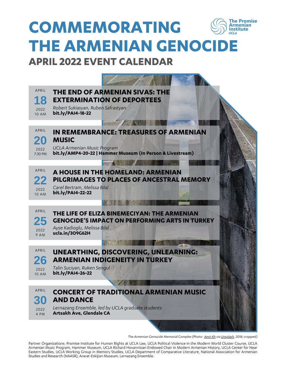 In commemoration of the #ArmenianGenocide, UCLA PAI &amp; partner organizations, bring to the forefront the personal stories &amp; experiences of both victims and survivors of the Genocide &amp; celebrate the Armenian spirit &amp; heritage. 
<a href="/PromiseInstUCLA/">The Promise Institute for Human Rights at UCLA Law</a>
<a href="/NAASR1955/">NAASR</a>
<a href="/UCLA_CNES/">UCLA Center for Near Eastern Studies</a>