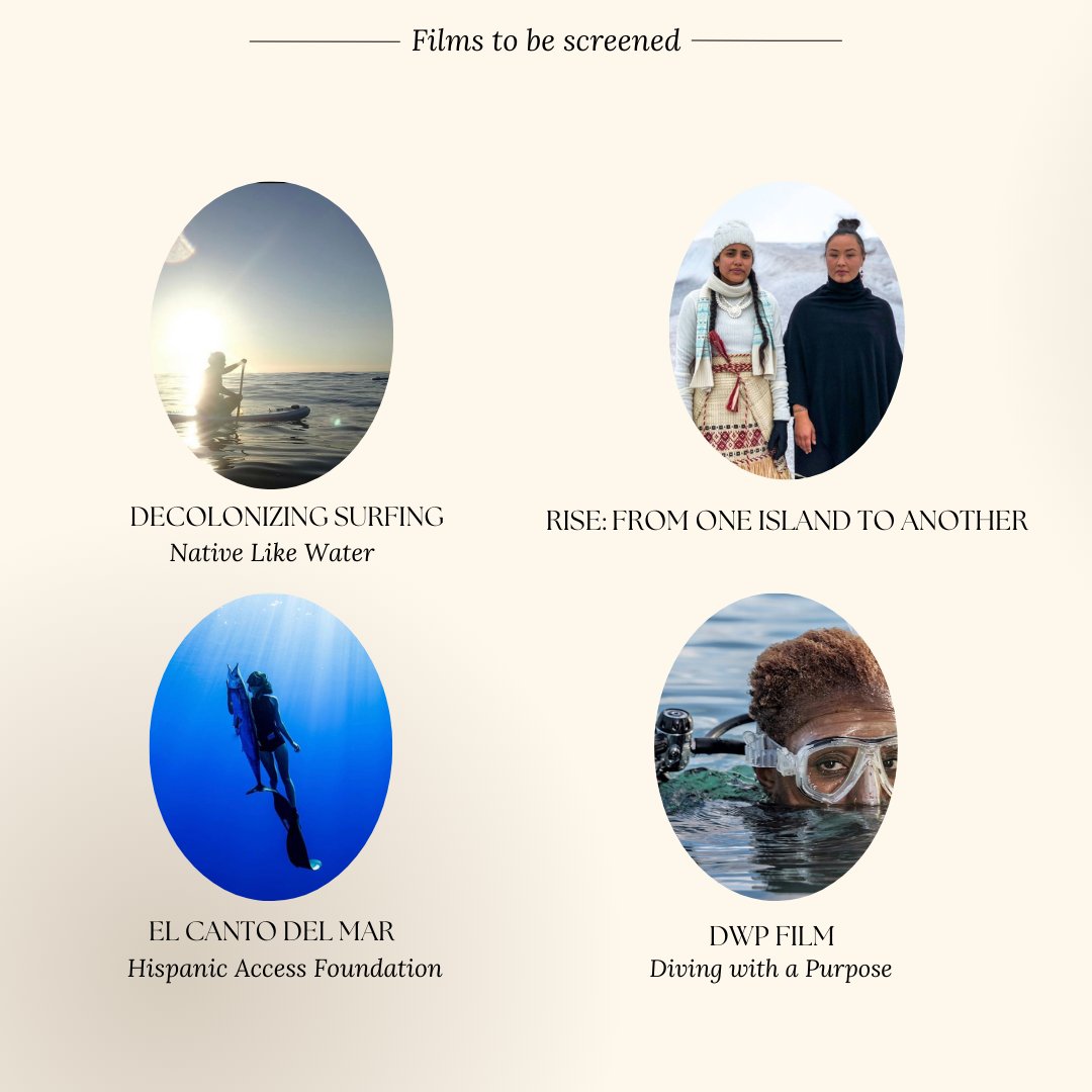 A compilation image feathering 4 films to be screened at a virtual event: Decolonizing Surfing with Native Like Water, Rise: From One Island to Another, El Canto Del Mar with Hispanic Access Foundation, and DWP Film with Diving with a Purpose.