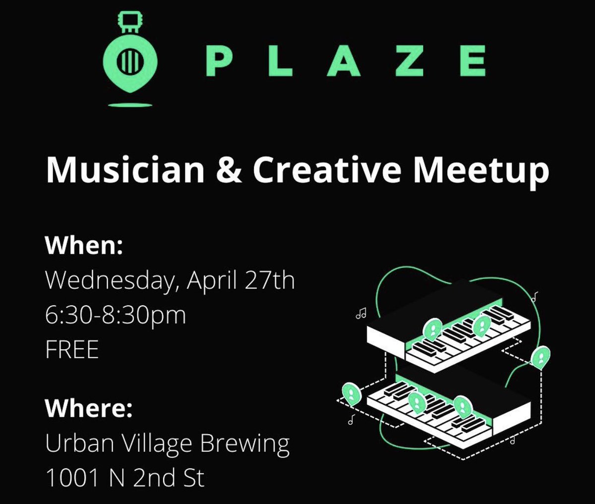 plaze_music's tweet photo. We’ll be hosting our 3rd meetup for musicians and creatives on Wednesday April 27th at Urban Village Brewing in NoLibs! #phillymusic #phillymusicscene #phillydiy https://t.co/S5bpASOWbx