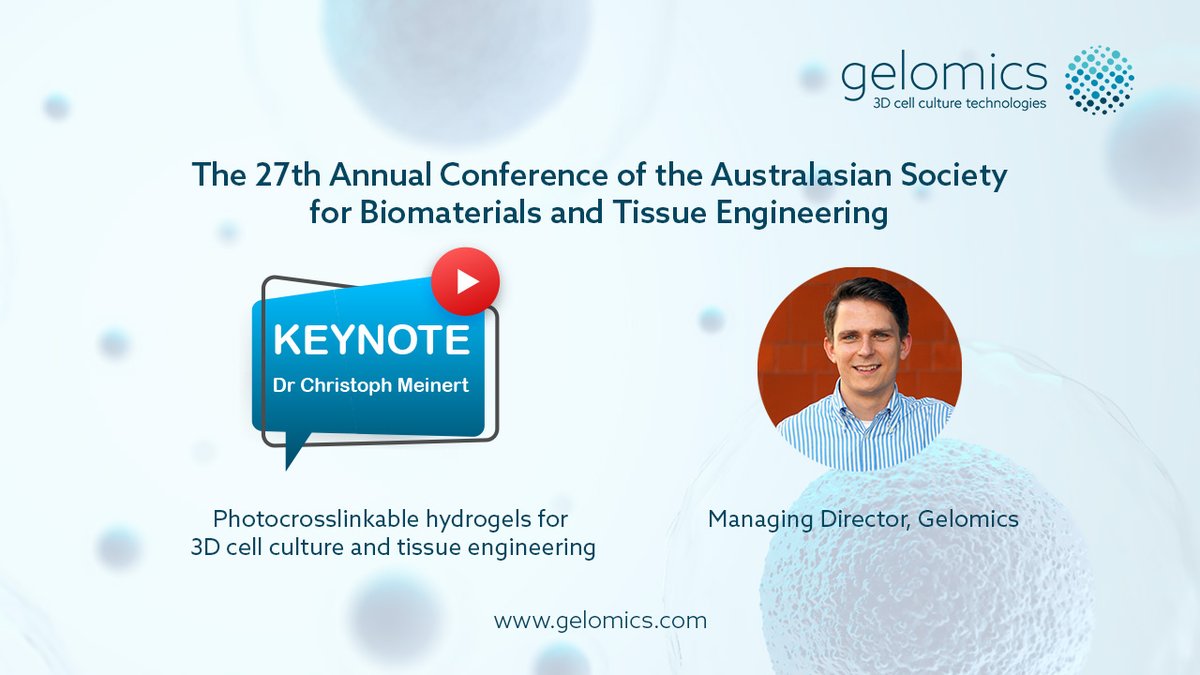 Dr. Meinert will discuss Photocrosslinkable Hydrogels for 3D Cell Culture and Tissue Engineering. Join us on Friday, 22 April 2022 at FORUM ROOM 3, from 10:25am - 10:55am.

#biomaterials #drugdevelopment #3dbioprinting #gelomics #ASBTE