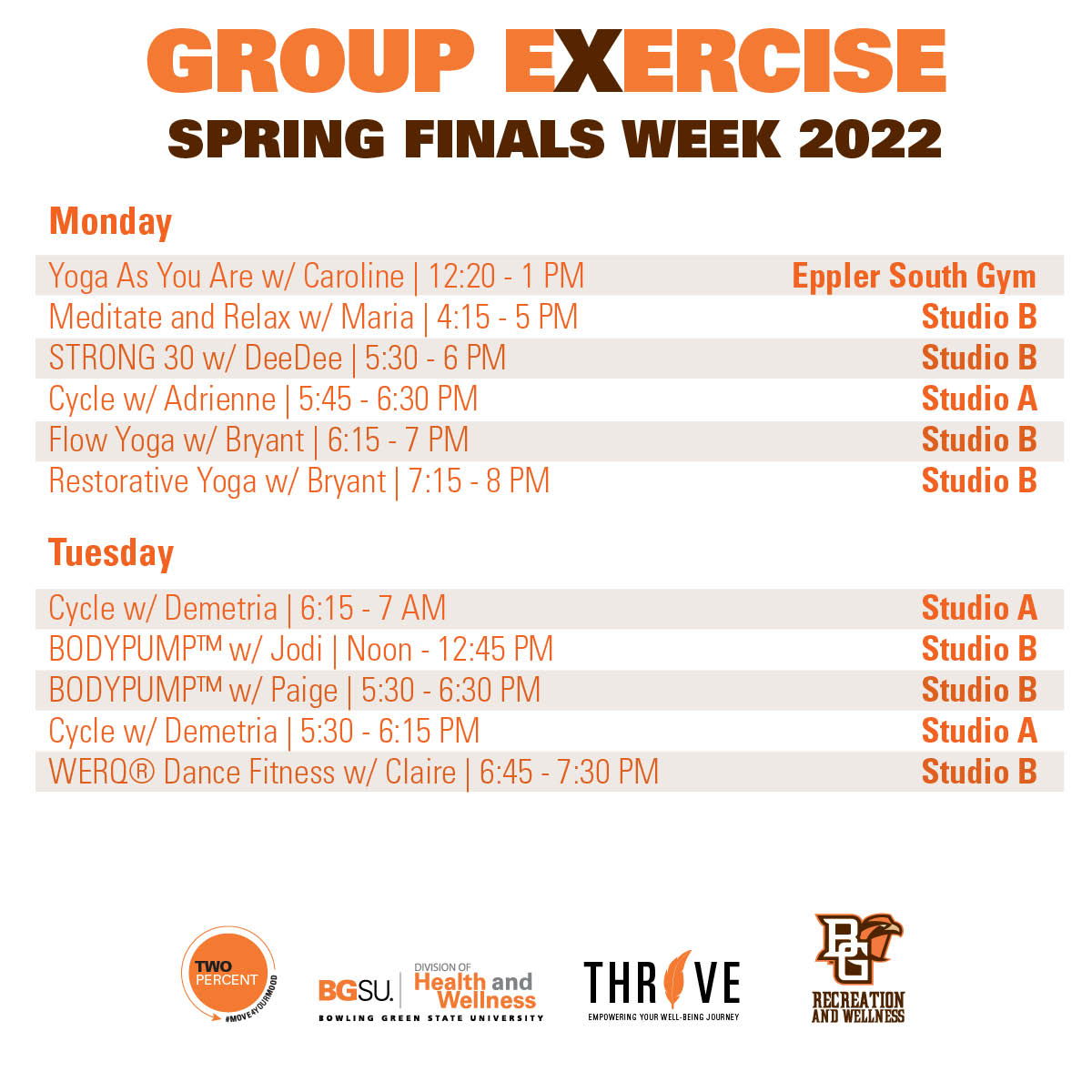 BGSURecWell's tweet photo. Finish off the semester strong with Group X Classes! Swipe over to see the schedule for Group X classes and Older Adult Fitness during exam week. Just a reminder that Group X classes are FREE during exam week!!! #recwell #groupx #exams https://t.co/EenuUGTEVN