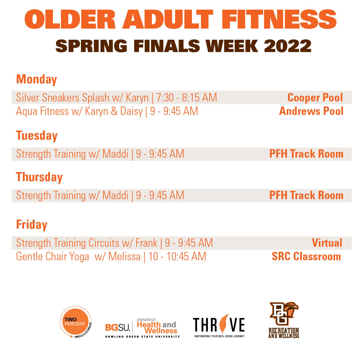 BGSURecWell's tweet photo. Finish off the semester strong with Group X Classes! Swipe over to see the schedule for Group X classes and Older Adult Fitness during exam week. Just a reminder that Group X classes are FREE during exam week!!! #recwell #groupx #exams https://t.co/EenuUGTEVN