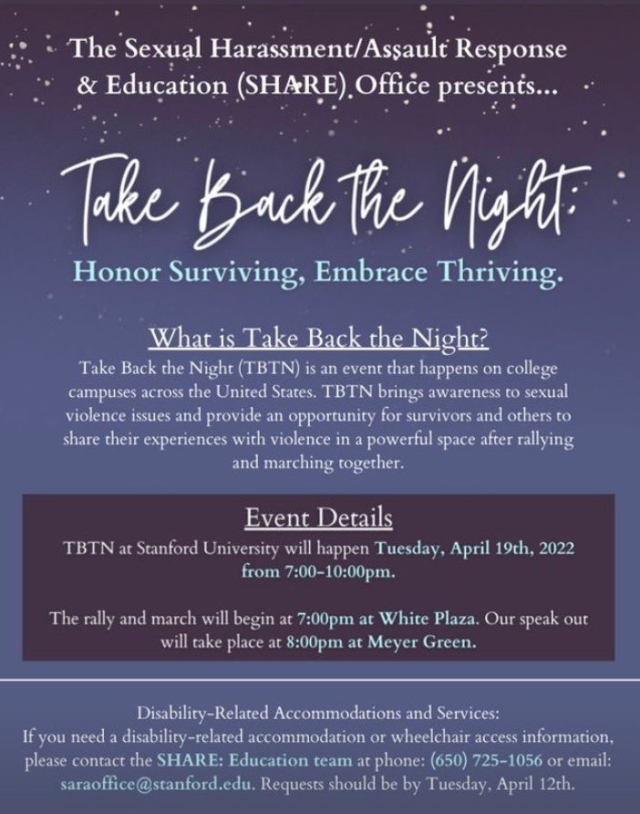 Make sure to join us at <a href="/SHAREatStanford/">SHAREatStanford</a>’s Take Back the Night! One of our organizers, Mina, will be talking about transformative justice and abolitionist approaches to sexual and gender-based violence. See you there!