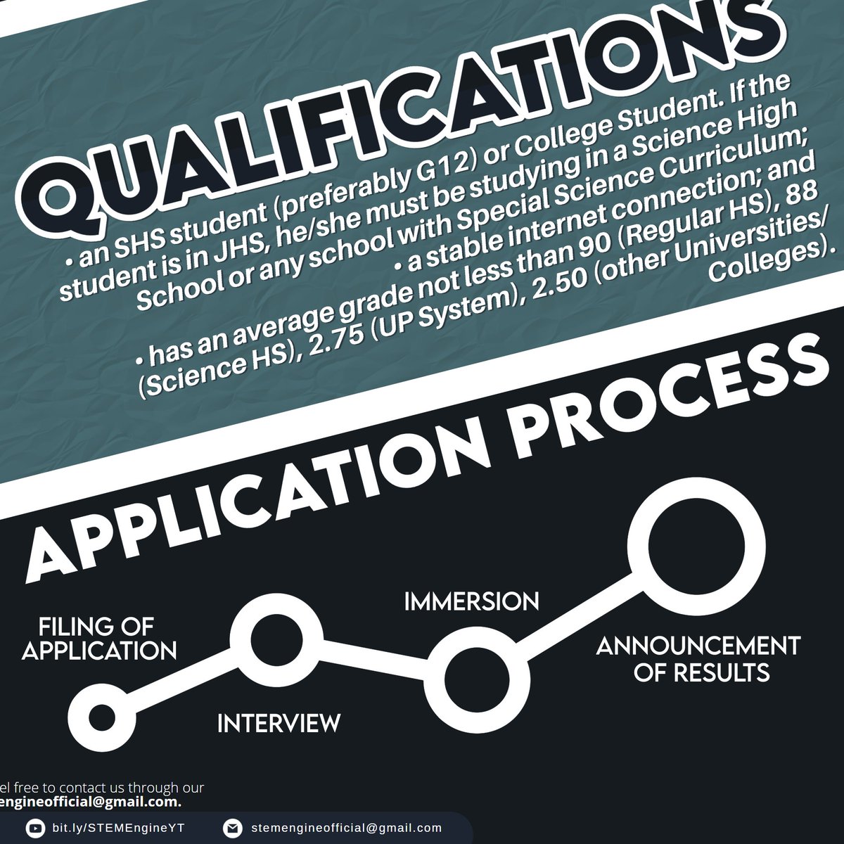 STEMEngine_Off's tweet photo. STEM Engine Membership Application for Batch Pi is now open for aspirants. Know more about us through our Primer: [https://t.co/sT25FwD8rl].

Sign up now at [https://t.co/JrwSU1hQMK]. The application form is open until the 25 April 2022, 20:00 PhST.

#STEMEngine
#BatchPiApplics https://t.co/G533bSzo8P