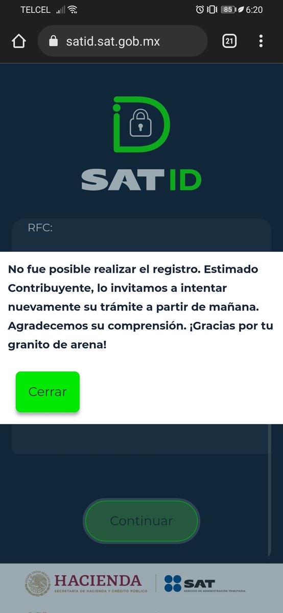 shadesof99's tweet photo. @SATMX Desde el jueves no funcionaba SATID y aparecía que hoy ya iba a funcionar, y me sigue apareciendo el mismo mensaje. Ya intente en diferentes dispositivos y en la app y  aparece lo mismo, porque no funciona la plataforma?Ni en chat ni por llamada ayudan. https://t.co/SdTuuT2kvJ