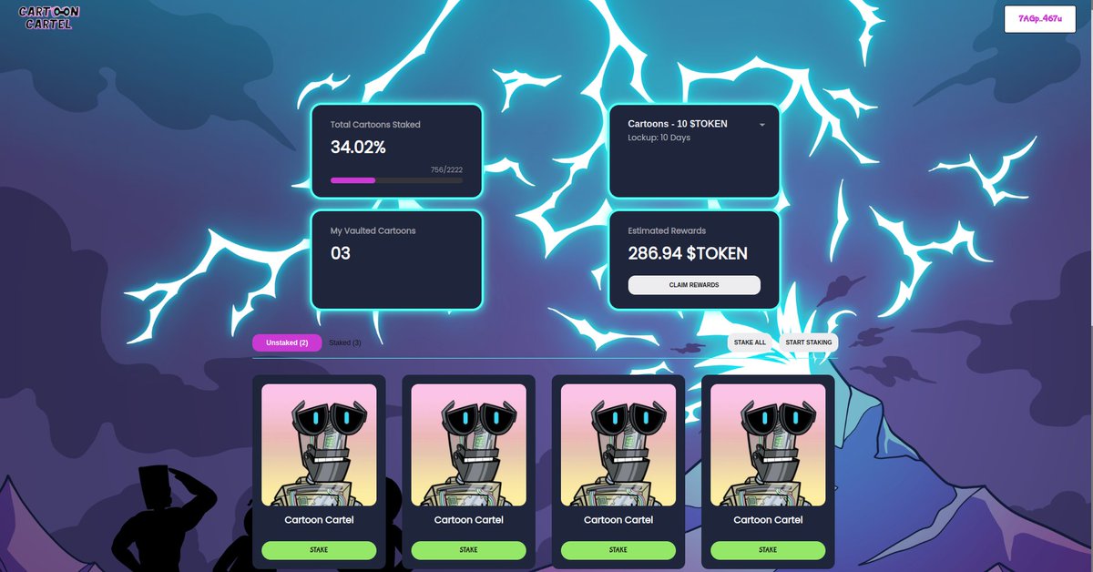 Cartoon_Cartel's tweet photo. Staking Frontend being Finalized! 

We are very close to having staking live for the Cartel! 

Here's a sneak peak at the front end design on our website! We're just as excited as the community 😁 https://t.co/Mq3NTOkFh5