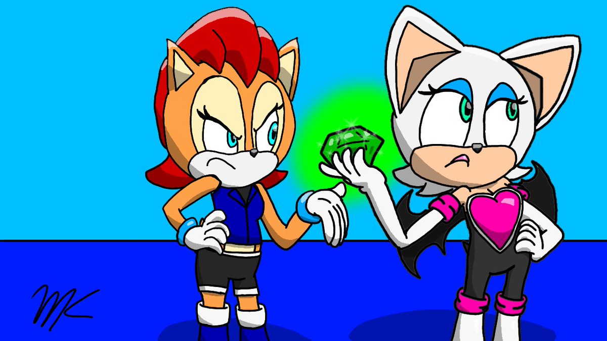 Drew a picture of Sally and Rouge for @adampixelrush! The princess caught the spy trying to make off with one of the Chaos Emeralds again...