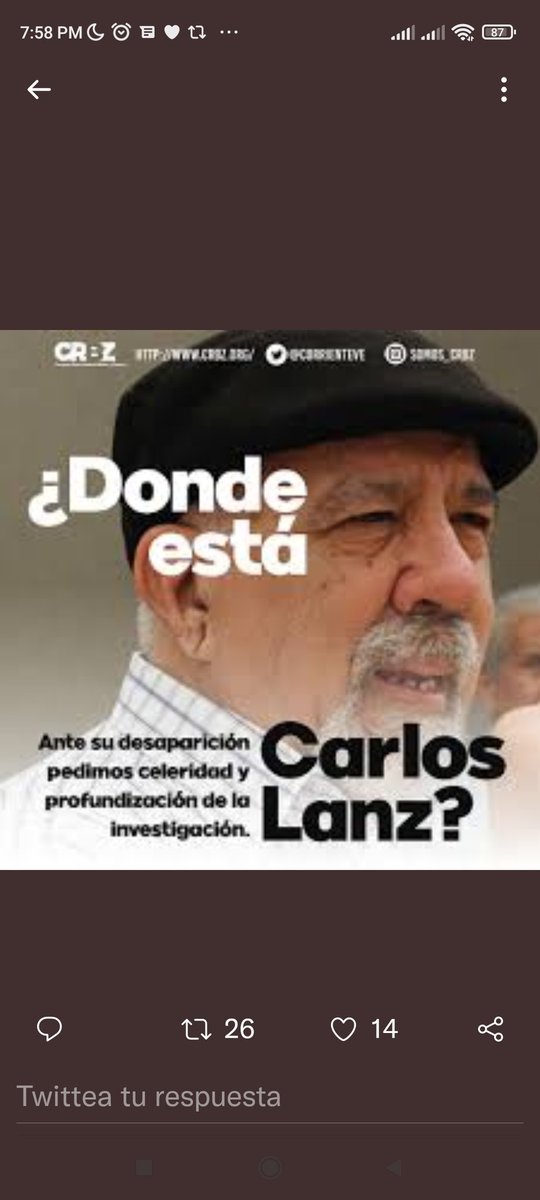 Zuhec1's tweet photo. Presidente @NicolasMaduro por respeto a todos los Venezolanos que acompañamos al prof Carlos Lanz, en la construcción del país, díganos dónde está? El estado debe informarnos. https://t.co/QfPLlcrtxV