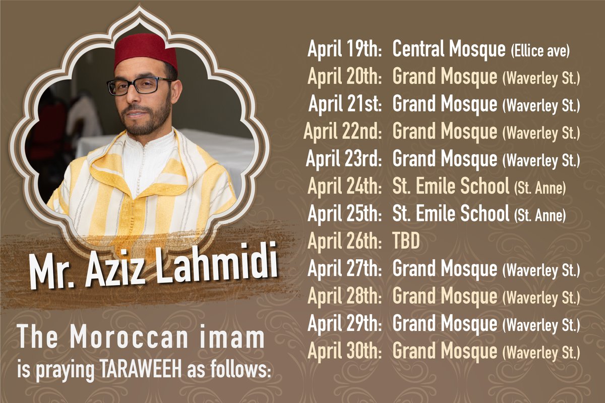 The Moroccan imam is praying TARAWEEH as follows: 

for more info: 
ama-mb.ca

#Morocco #Maroc #Winnipeg #Manitoba #Ramadan #taraweeh #Prayer #Islam