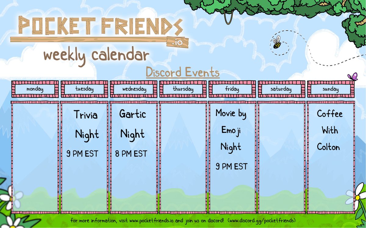 🗓Weekly Pocket Friends event schedule! Join us in the discord 👉 discord.gg/pocketfriends #PocketFriends #Discord #NFTCommunity