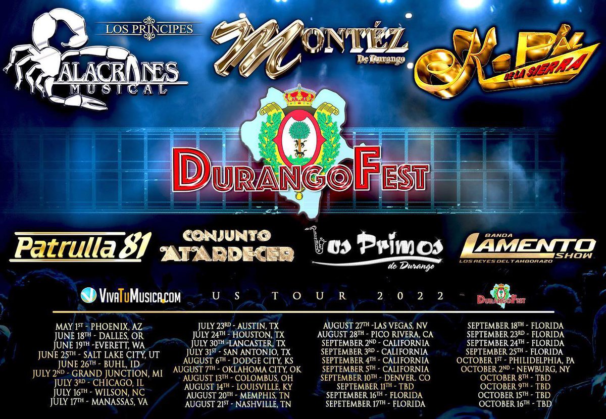 Muy pronto en tu ciudad <a href="/DurangoFest/">Durango Fest</a> 🇺🇸

Con los GRANDES exponentes de la Música Duranguense