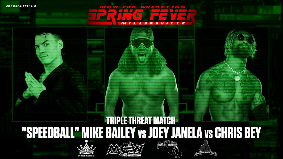 See #AEW’s <a href="/JANELABABY/">“The Bad Boy” Joey Janela</a> in Triple Threat Action against <a href="/SpeedballBailey/">Speedball Mike Bailey</a> &amp; <a href="/DashingChrisBey/">Chris Bey</a> on Sunday May 15th at #MCWSpringFever 🔥🔥

📍 <a href="/BaltCelebFest/">BaltimoreCelebfest</a> 4 &amp; #MCWSpringFever
🏟 <a href="/BenfieldSC/">BenfieldSportscenter</a>
🗺 Millersville, MD
🎟 buff.ly/3i26r3V