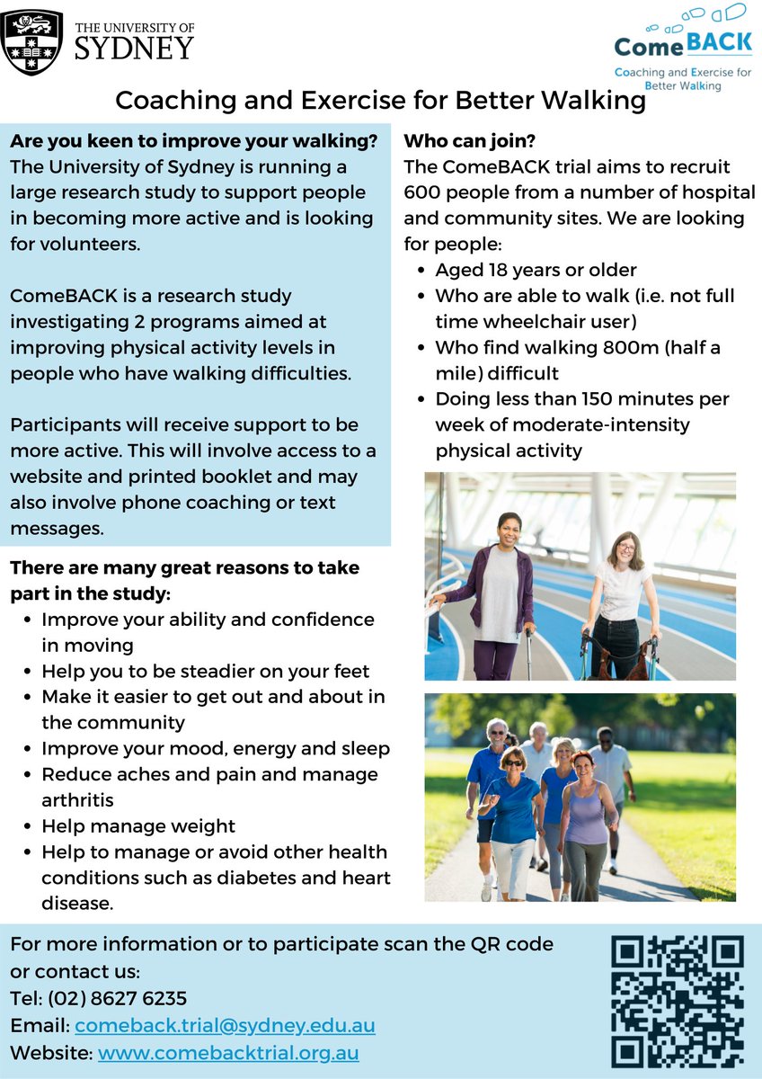 ❗ RESEARCH OPPORTUNITY ❗ @Sydney_Uni are running a #research study aimed at improving physical activity levels in people with #walkingdifficulties. For more information, call 02 8627 6235, email comeback.trial@sydney.edu.au or visit comebacktrial.org.au. #StrokeResearch