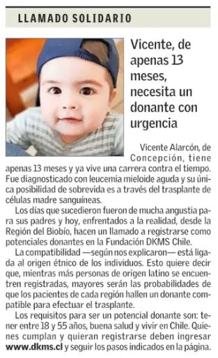 Vicente tiene apenas 13 meses y ya vive una carrera contra el tiempo. Fue diagnosticado con leucemia y su única posibilidad de sobrevida es un trasplante de células madre sanguíneas. 
Conoce su historia y regístrate para ayudarlo en bit.ly/3EiUPUO
<a href="/Emol/">Emol.com</a>