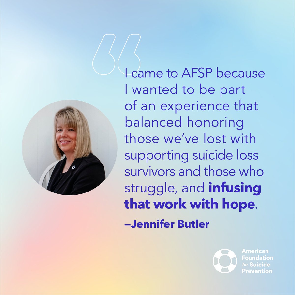 Each day this #NationalVolunteerWeek, we're highlighting amazing AFSP volunteers from across the country.

First up is Jennifer Butler of @afspsouthcarolina, who appreciates AFSP's focus on suicide loss while still offering hope.
