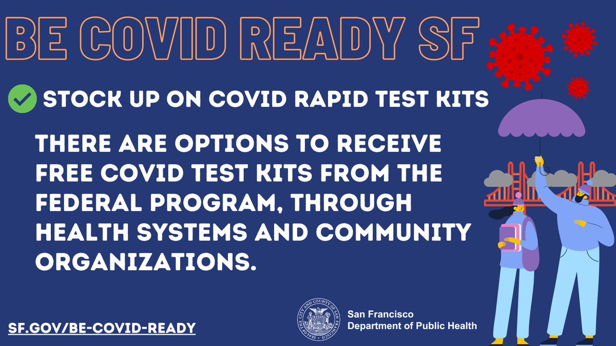 SF_DPH's tweet photo. Be COVID Ready SF!
β
Stock up on COVID rapid test kits. There are options to receive free COVID test kits from the federal program, through health systems and community organizations. Visit https://t.co/PRBYWcpmnr for more info. #LayerUp #VaccinateSF #GetBoostedSF #GetTested π https://t.co/v2OHXoMPNc