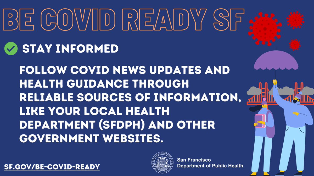 SF_DPH's tweet photo. Be COVID Ready SF!
β
Stay informed. Follow COVID news updates and health guidance through reliable sources of information, like your local health department (SFDPH) and other government websites. Visit https://t.co/PRBYWcpmnr. #LayerUp #VaccinateSF #GetBoostedSF #GetTested π https://t.co/nmlfkzMCI1