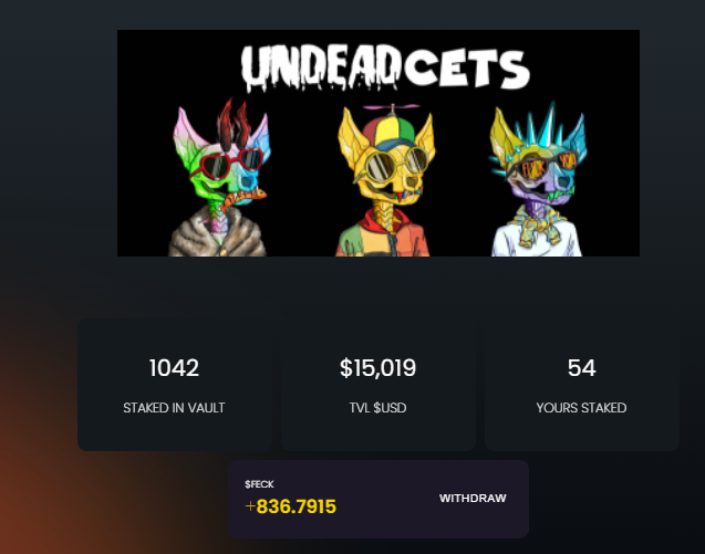 Based_Trucker's tweet photo. What the $Feck?  Staking live, earning 10 $Feck per day for the auction house that is nearly done.  Dev wallet has some decent plays in there and the @UndeadCets FP is so low a worm would have to climb UP it 🐛 https://t.co/kgn1lQ7A8K