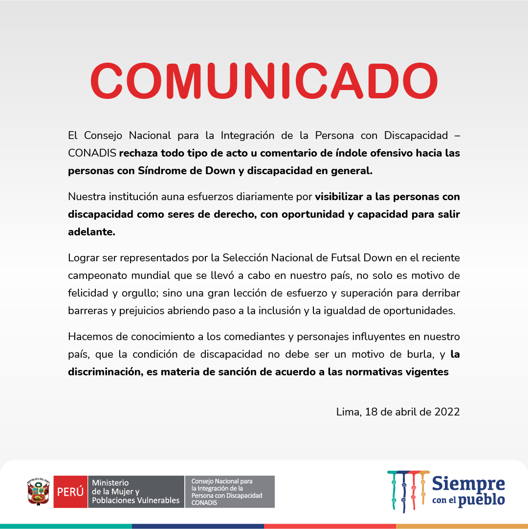 📑 COMUNICADO | Sobre los actos de discriminación reiterados de “comediantes” hacia las personas con síndrome de Down.