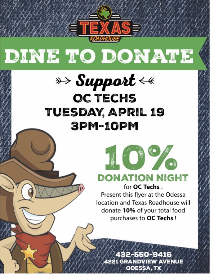 octechschampion's tweet photo. Please make Texas Roadhouse your dinner plans for Tuesday Night 4/19. 
Let them know you are with OCTECHS and help us raise some money!! (Dine In or Takeout, tell them you are with OCTECHS or hand them a flyer- we are passing the flyers out tomorrow) @OCTECHS2 @OCTECHSAVID https://t.co/P2FV4j9VJg