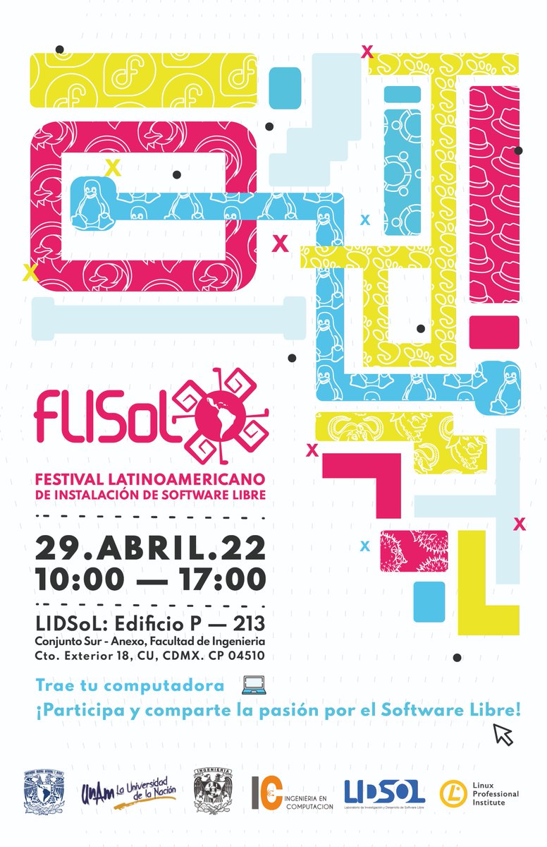 Los invitamos al Festival Latinoamericano de Instalación de Software Libre #FLISoL edición 2022 🥳
Los esperamos en el Laboratorio, Anexo de Ingeniería Edificio P — 213 

Regístrate aquí:D
forms.gle/NkVFfRZ8AEzMcr…

#freeSoftware #SoftwareLibre #Engineering  #Ingenieria #UNAM