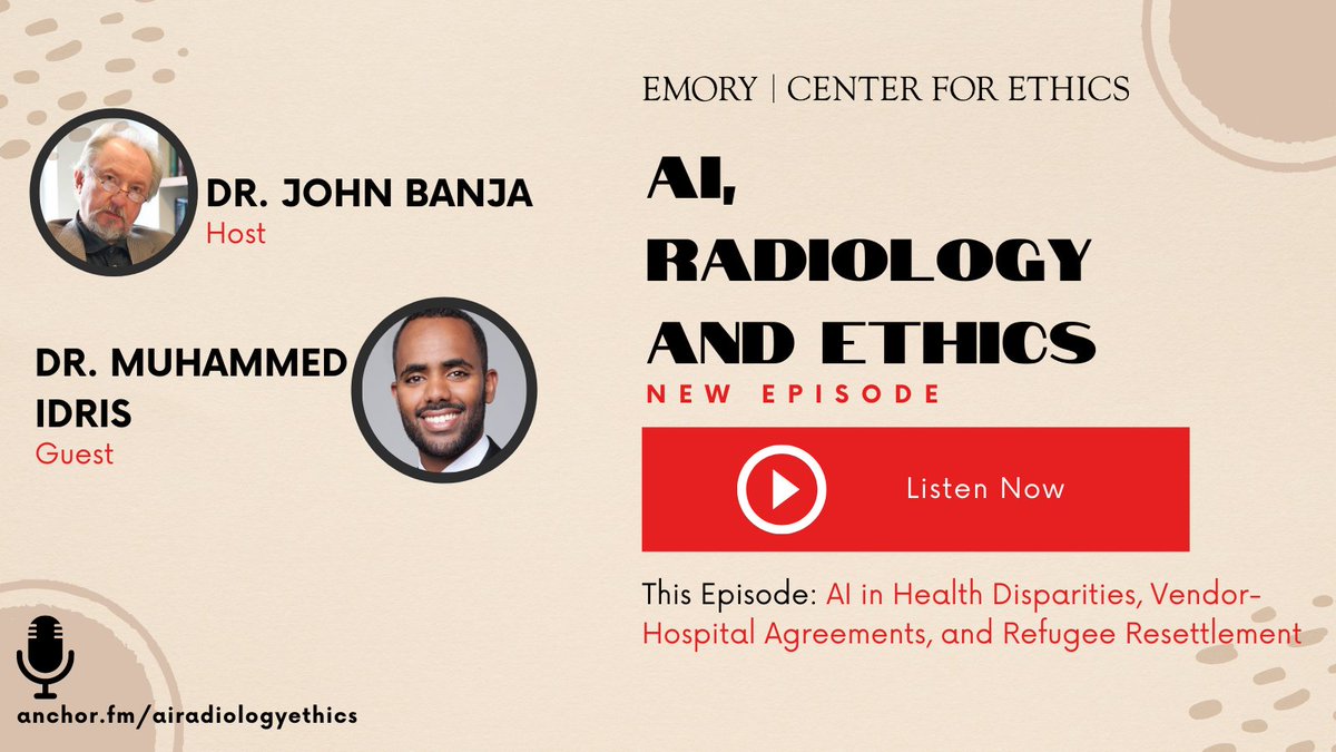 Join me for a new AI, Radiology &amp; Ethics Podcast Episode with <a href="/muhamedidris/">Muhammed Y. Idris</a> as he talks about his work using AI for improving self-management of health-related behaviors as well as for resettling refugees. Listen at: anchor.fm/airadiologyeth… #AI #Refugees  #healthequity