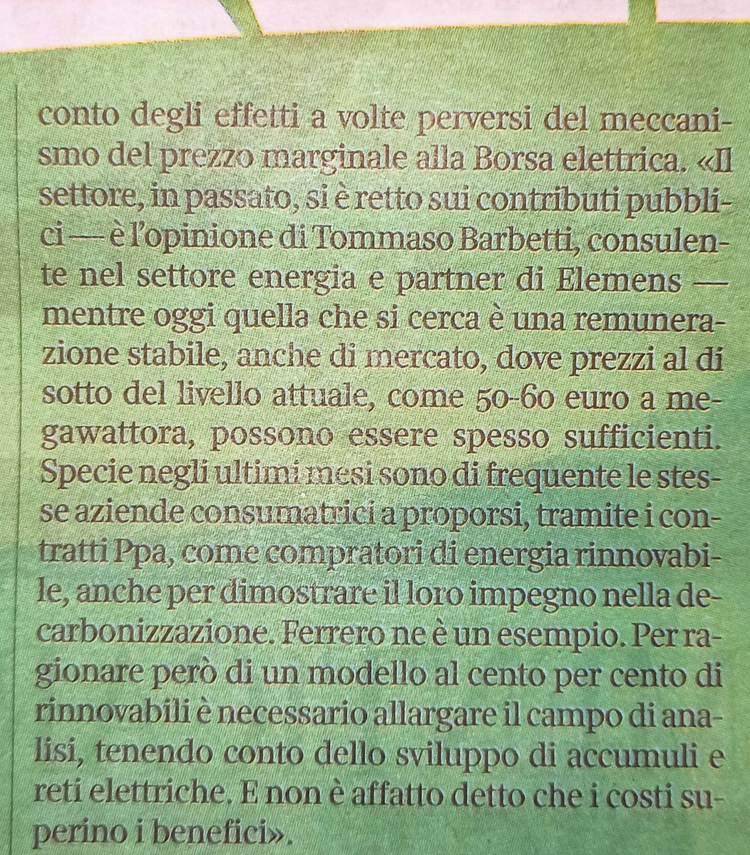 Su <a href="/Corriere/">Corriere della Sera</a> Economia interessante articolo di <a href="/DeBortoliF/">Ferruccio de Bortoli</a> che parla di #rinnovabili, vi si riporta una condivisibilissima opinione di <a href="/tbarbetti/">Tommaso Barbetti</a>.