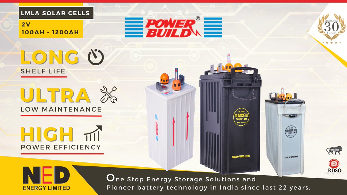 NedEnergyLtd's tweet photo. We cover a range of #EnergyStorage systems manufactured by our subsidiary; Power Build Batteries Pvt Ltd. - a leading manufacturer of Tubular Lead Acid batteries since last 30 years.
We also customize #batterybanks for required system voltage as per your inputs.
#LMLA #solarcells https://t.co/IZTyf6eVEi