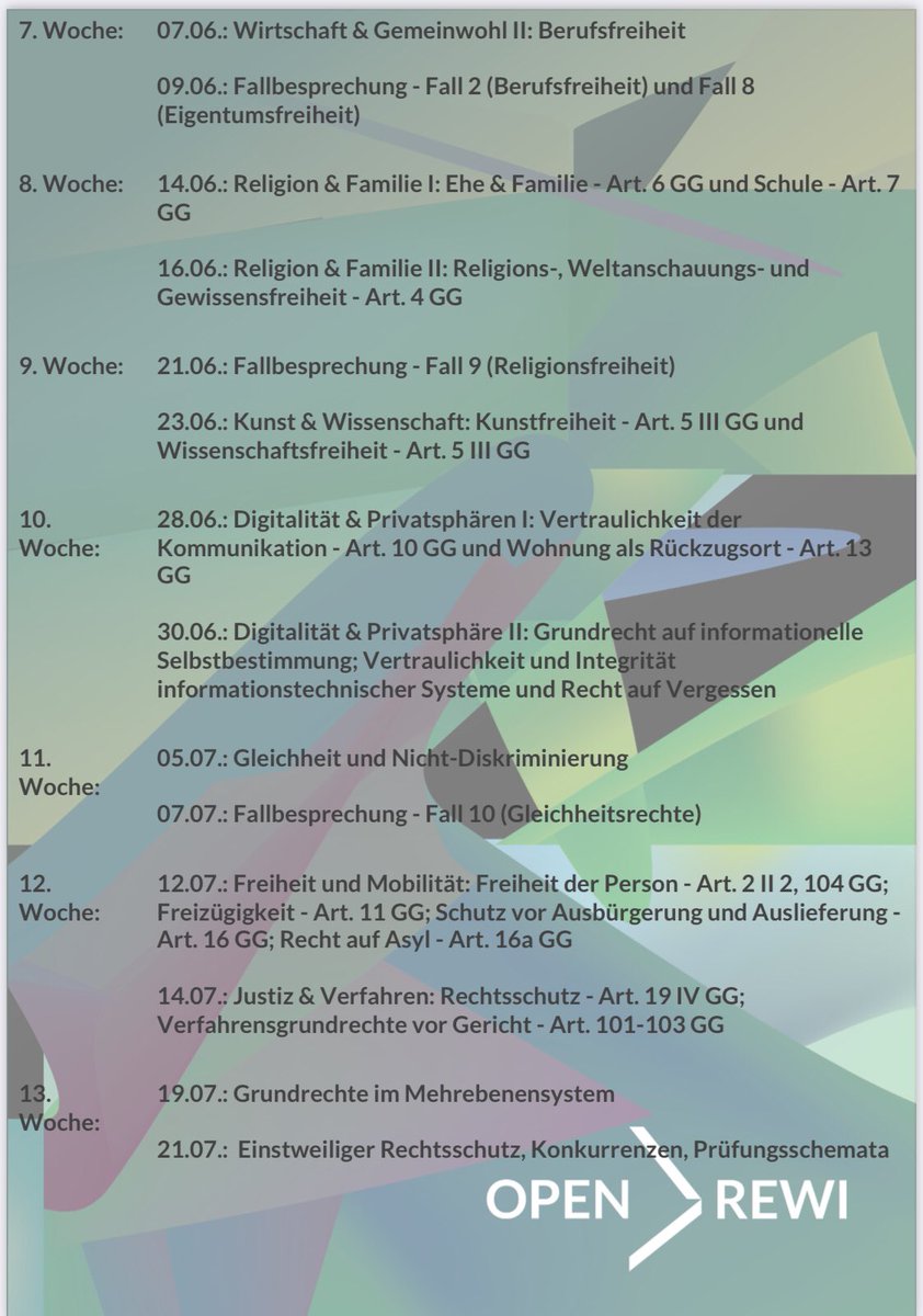 Um euch bis dahin aber nicht auf dem trockenen sitzen zu lassen, wird auch OpenRewi das SoSe über mit ServiceTweets begleiten. Ab dem 26.4. gibt es jeden Di und Do um 10 Uhr Infos zu ausgewählten Bereichen der Grundrechte + Verlinkung zum bereits einsehbaren Beitrag auf Wikibooks