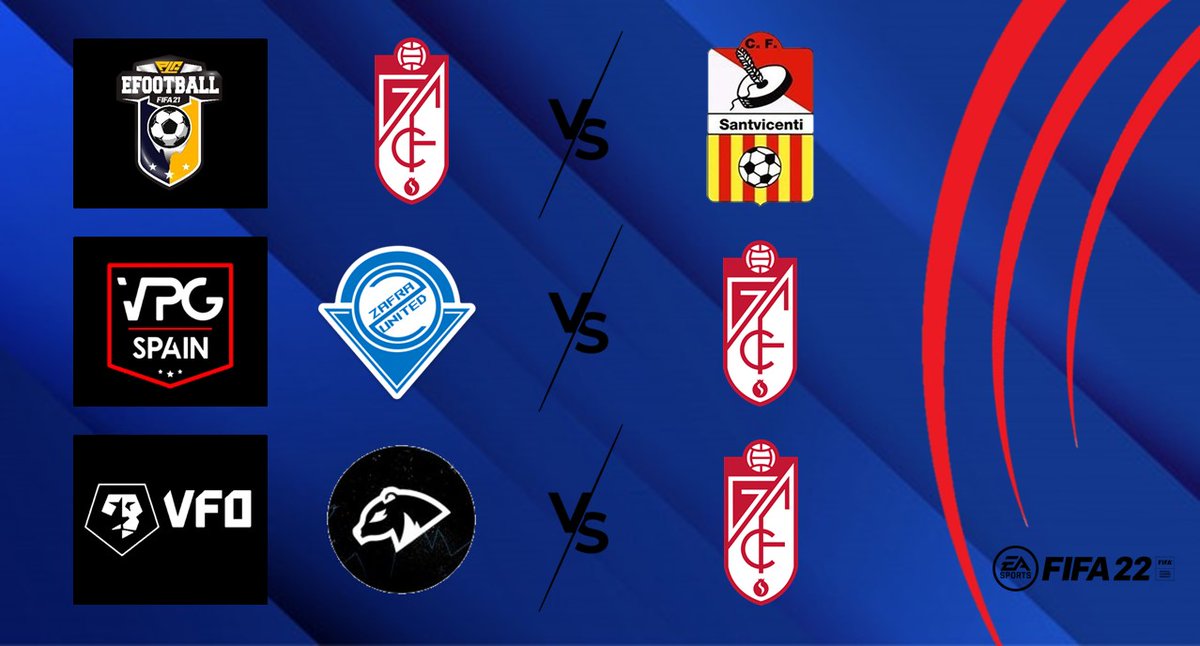 🔴⚪️ #Matchday 
#EternaLucha

🏟 Los Cármenes 
🆚 @eSportsSantvi
⌛️ 22:40
🏆 @PLGeFootBall 

🏟 Zafra
🆚️ <a href="/ZafraUnited/">𝐙𝐀𝐅𝐑𝐀 𝐔𝐍𝐈𝐓𝐄𝐃 🎮</a>
⌛ 23:00
🏅 <a href="/VPG_Spain/">Virtual Pro Gaming España</a>

🏟 K8
🆚️ @k8oficial
⏳️ 23:50
🎖 <a href="/VFOspain_ps/">VFOspain PS</a>

#PS5