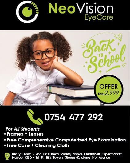 NeovisionKe's tweet photo. Back to school offers like no other .
Find us 
CBD Moi Avenue Bihi Towers first floor shop 8

Kikuyu Town Eureka Towers 2nd floor above cleanshelf supermarket
Free computerise eyetest
Lenses ready in an hour
Terms and conditions apply https://t.co/egmUQDUgUv