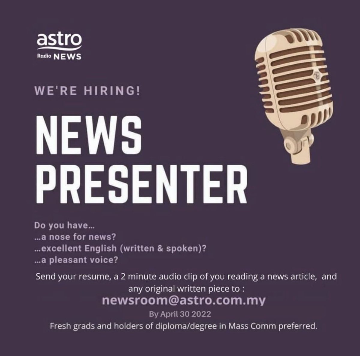 mixdotmy's tweet photo. 🚨WE’RE HIRING!!!🚨
Looking to work in radio and have great English?
The Astro Radio News Room wants you!
Send us your resume, a 2-minute clip of you reading a news article and any original written piece to newsroom@astro.com.my by April 30th.
#MIXShares https://t.co/1XlQnufy41