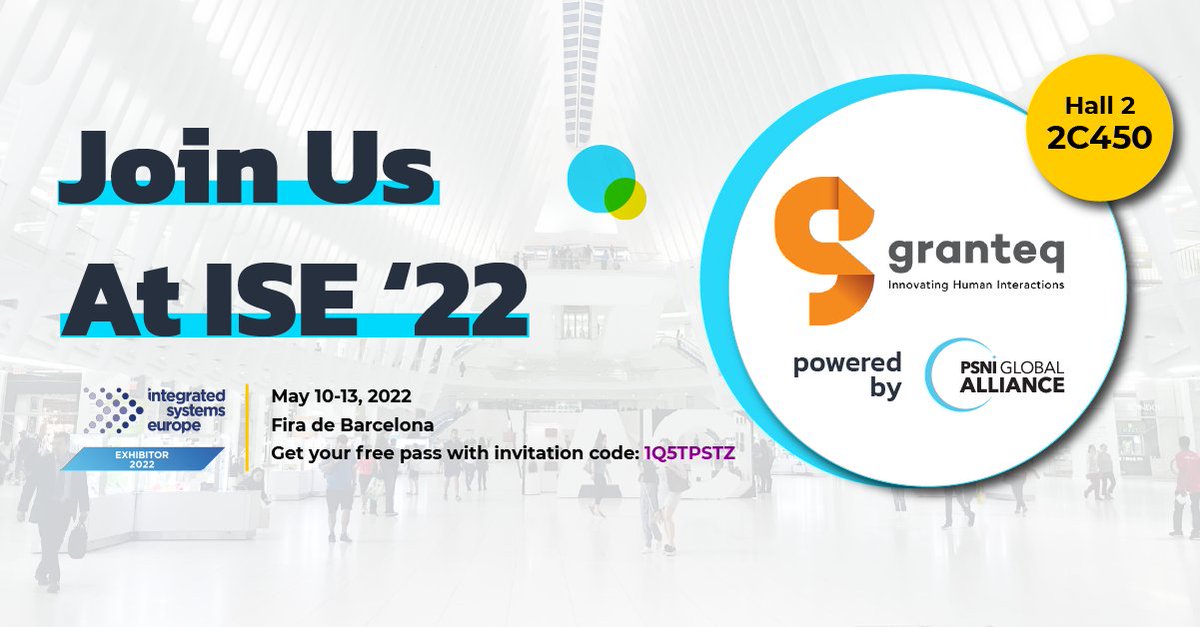 granteq's tweet photo. Headed to ISE in Barcelona? 
Be our guest by using our special invitation code at https://t.co/irbkENSHCr

#ise2022 #PSNI #psnialliance #dss2022 #digitallearning #digitallearningsummit #proav #avsolutions #avtweeps #datasculpture #immersive #bigdata #granteq https://t.co/hohhCe0iOA